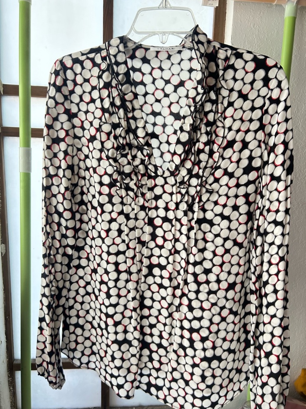 Silk Tahari Black, White & Red Dot Ruffle-Neck Blouse